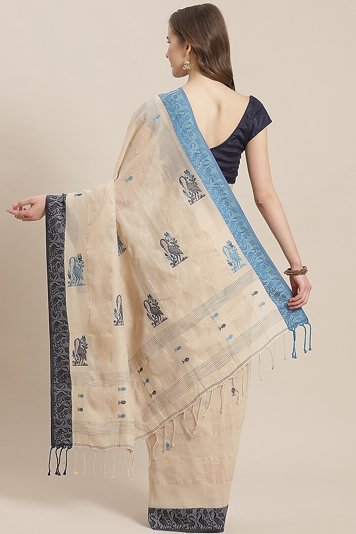 Cream & Cobalt Blue Embroidered Festive Saree by Aditri at Pernia's Pop Up Shop