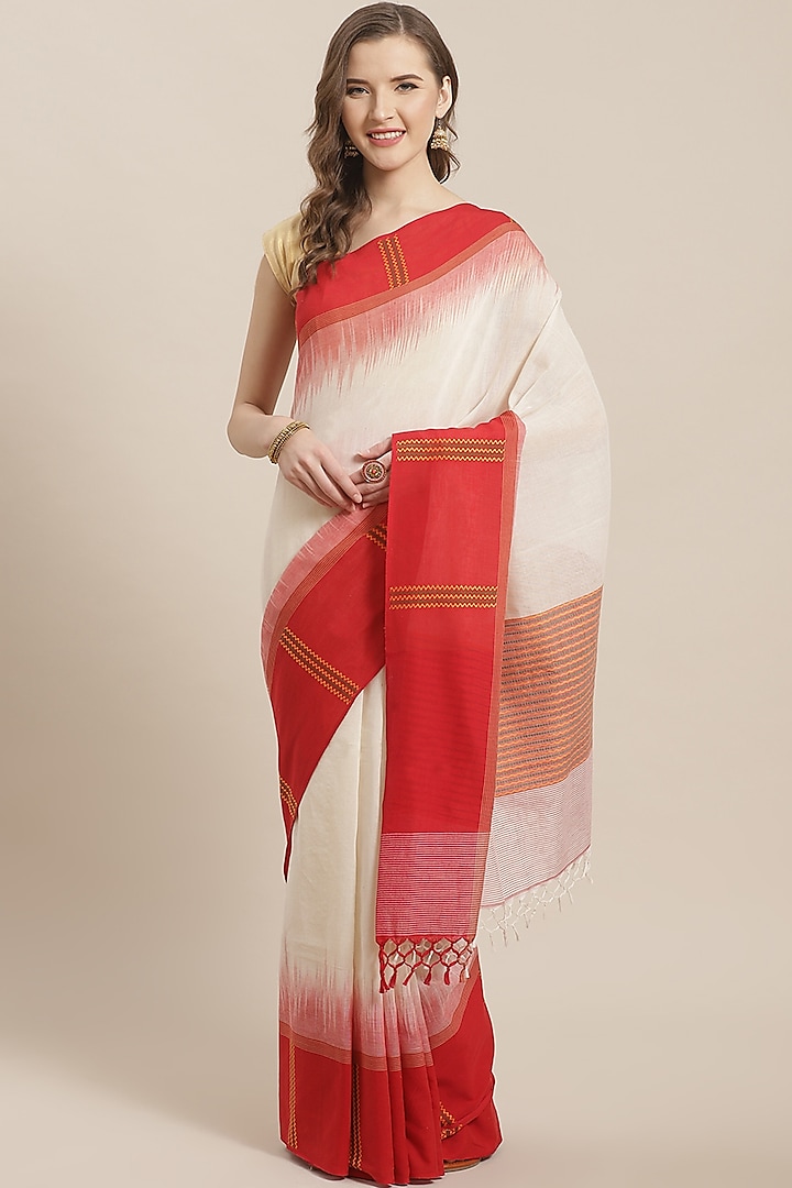 Cream & Red Bengali Saree by Aditri