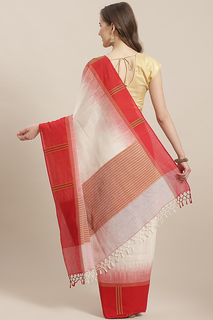 Cream & Red Bengali Festive Saree by Aditri at Pernia's Pop Up Shop