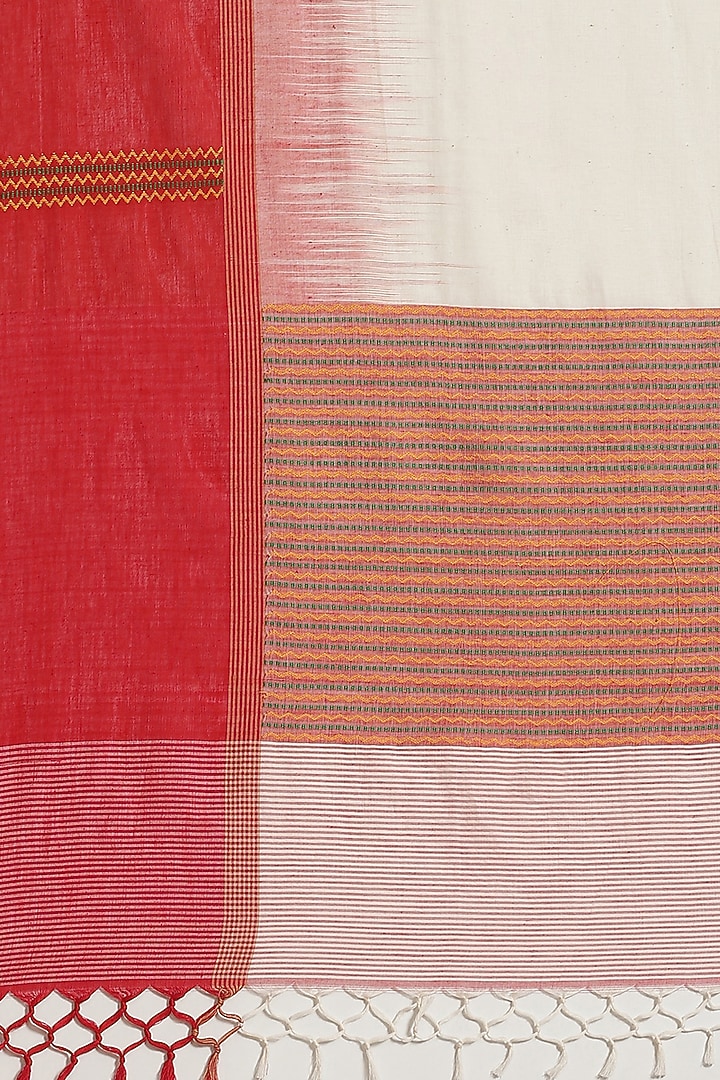 Cream & Red Bengali Festive Saree by Aditri at Pernia's Pop Up Shop