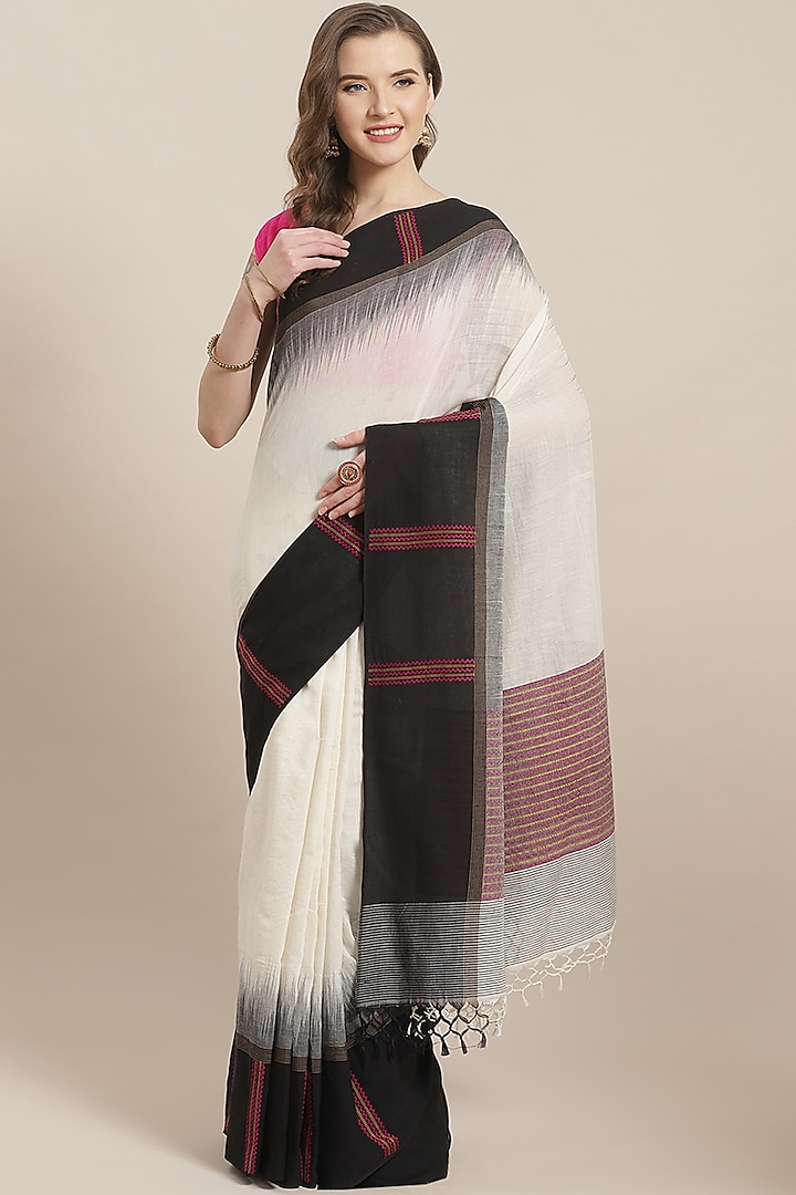 Cream & Black Bengali Saree by Aditri