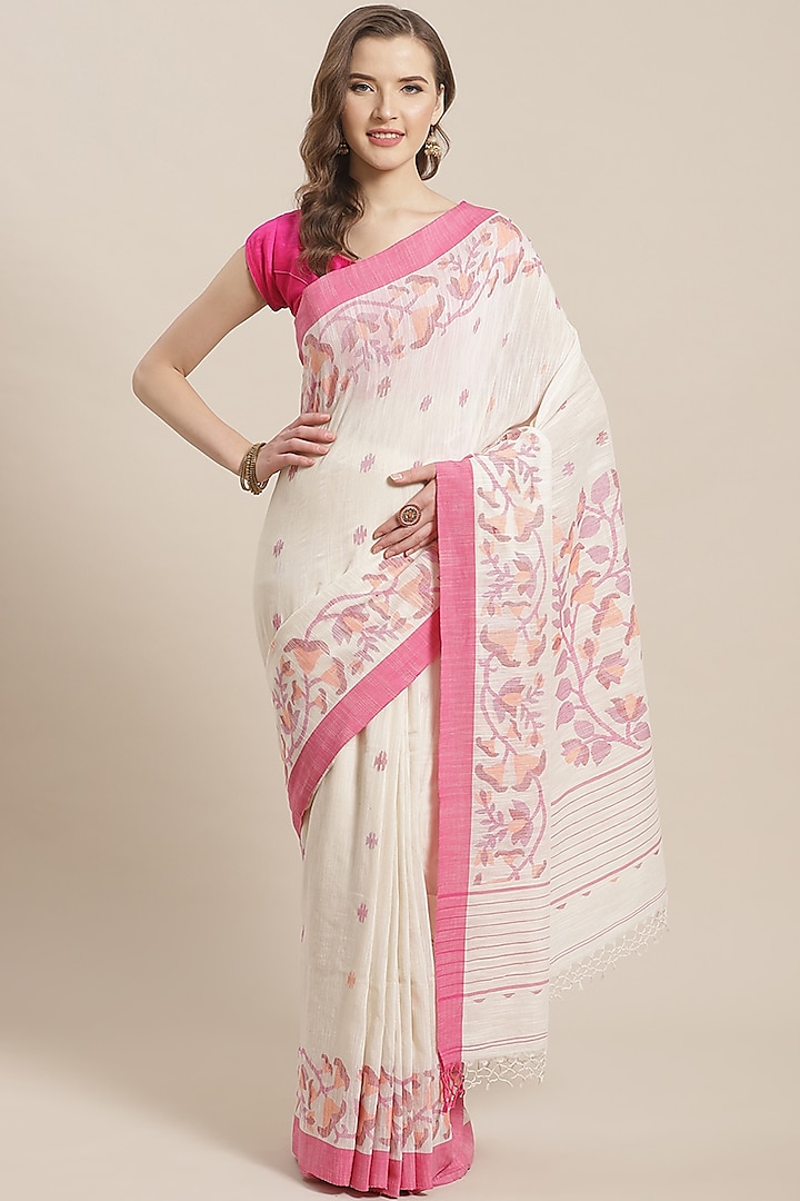 Cream & Pink Khadi Cotton Jamdani Embroidered Saree by Aditri