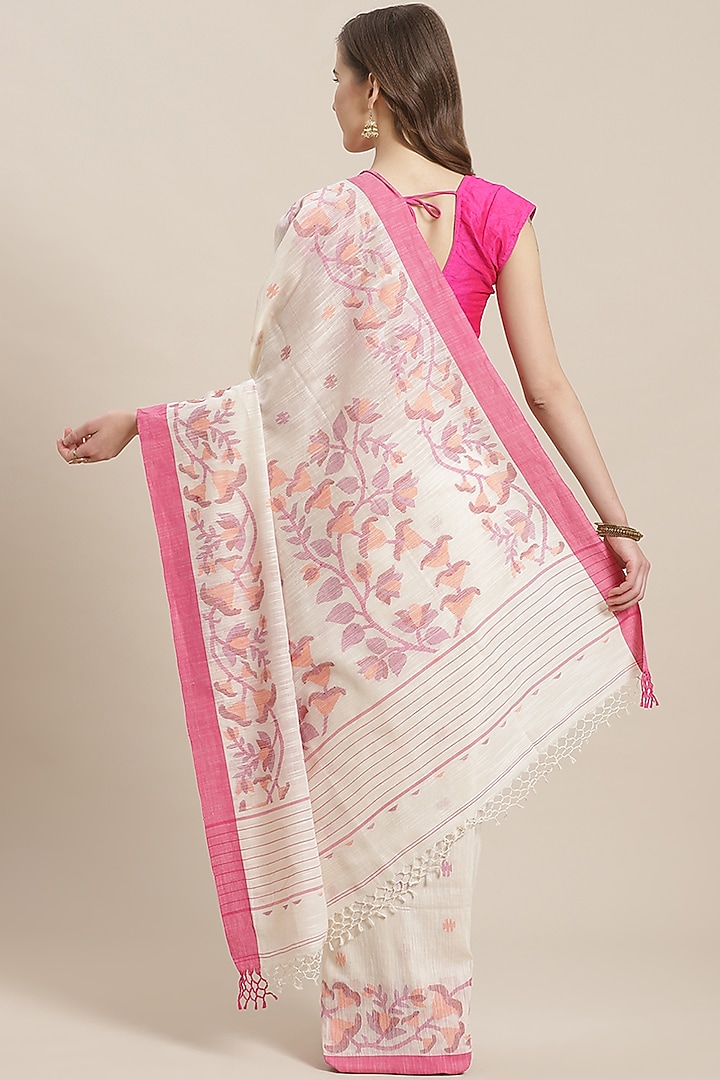 Cream & Pink Khadi Cotton Jamdani Embroidered Festive Saree by Aditri at Pernia's Pop Up Shop