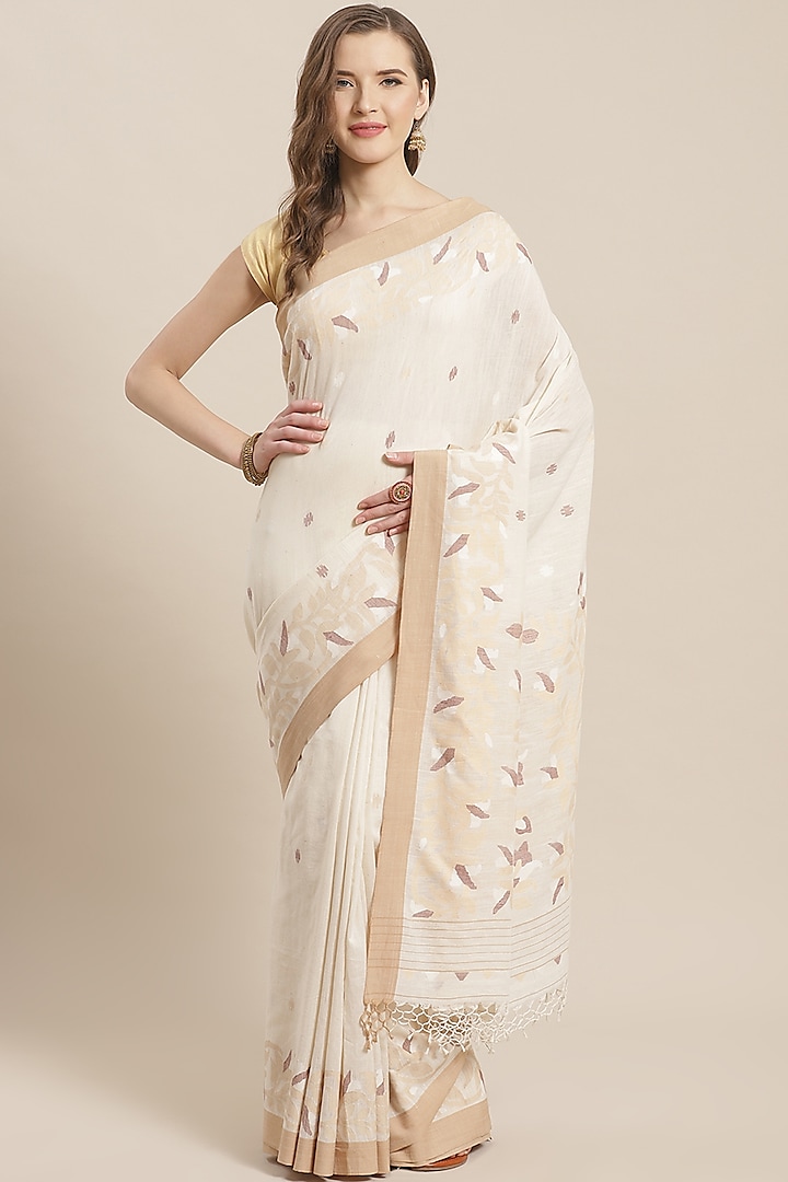 White Embroidered Saree by Aditri