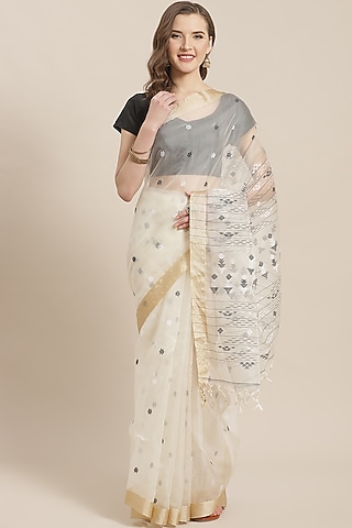 White Zari Embroidered Saree by Aditri