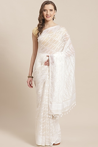 White Jamdani Embroidered Saree by Aditri