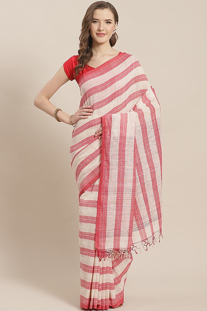 White & Red Striped Saree by Aditri