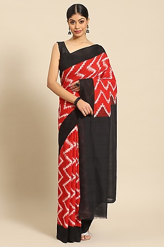 Red Pure Cotton Ikat Handloom Saree by Aditri