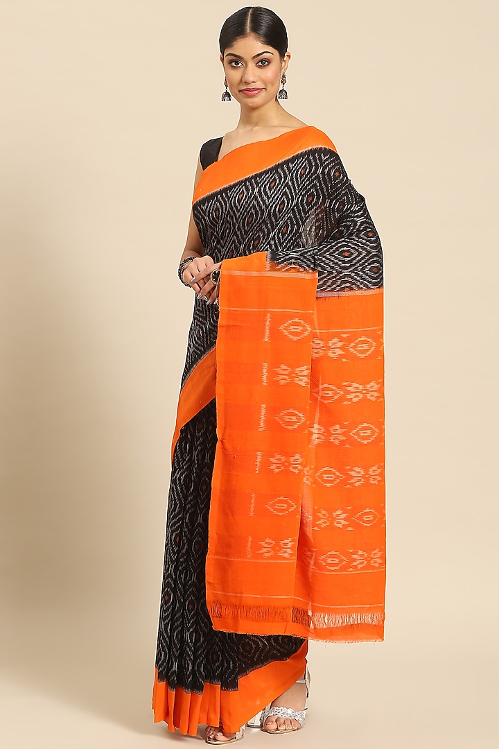 Black & Saffron Pure Cotton Ikat Handloom Saree by Aditri