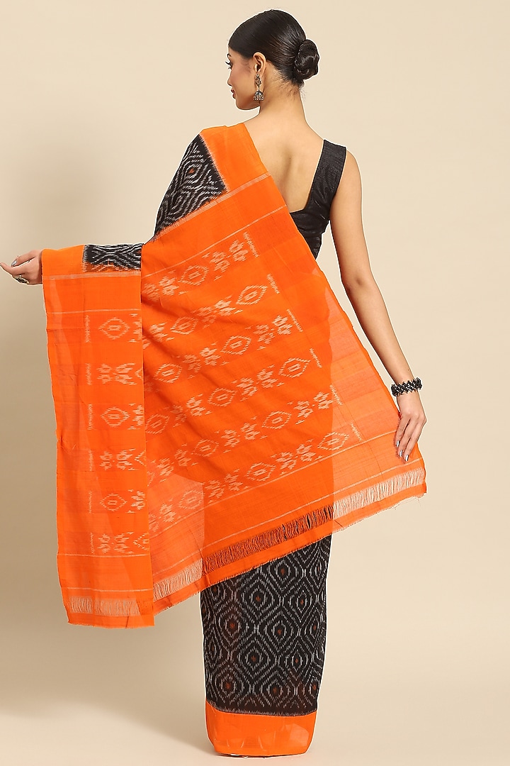Black & Saffron Pure Cotton Ikat Handloom Festive Saree by Aditri at Pernia's Pop Up Shop