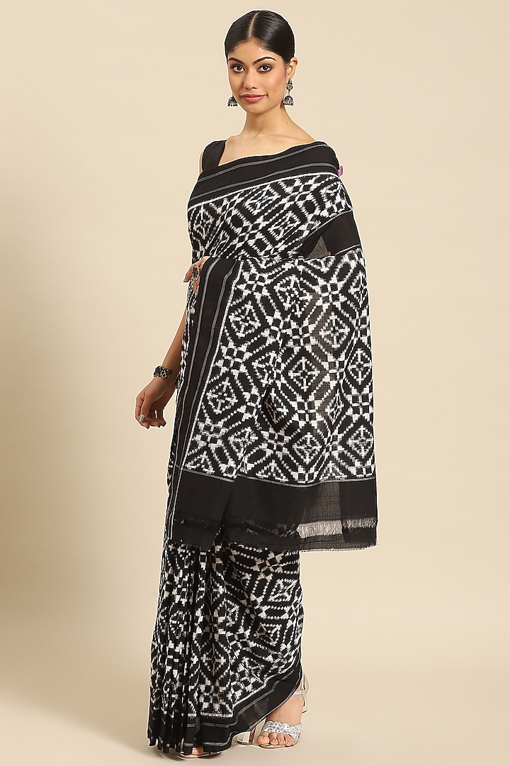 Black Pure Cotton Ikat Handloom Saree by Aditri