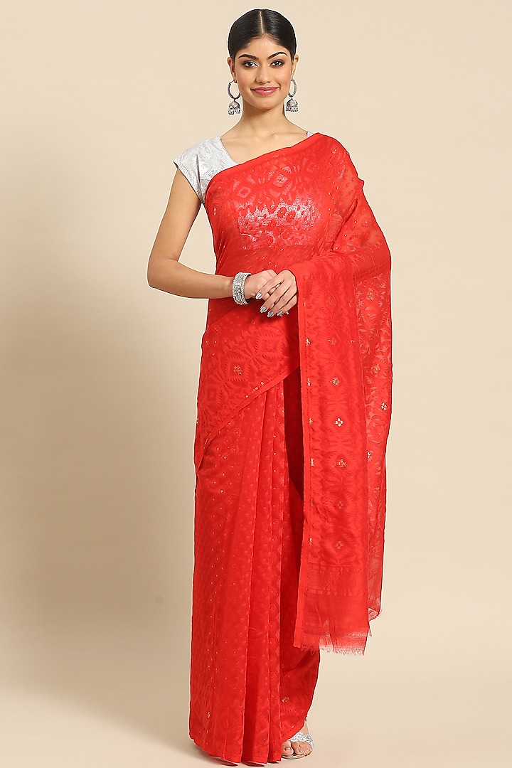 Red Silk Cotton Jamdani Handloom Saree by Aditri