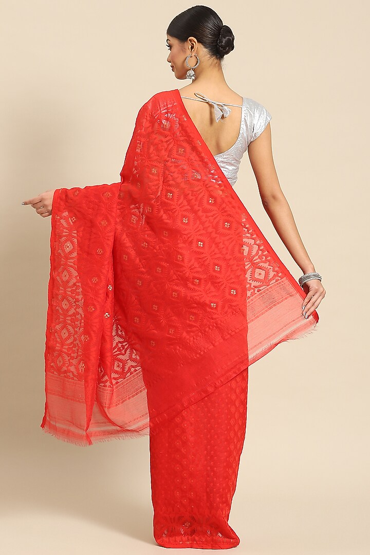 Red Silk Cotton Jamdani Handloom Festive Saree by Aditri at Pernia's Pop Up Shop