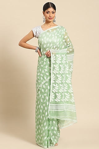 Green Silk Cotton Jamdani Handloom Saree by Aditri