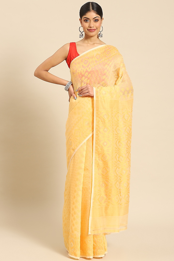 Gold Silk Cotton Jamdani Saree by Aditri