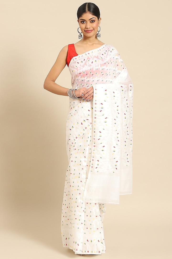 White Silk Cotton Jamdani Handloom Saree by Aditri