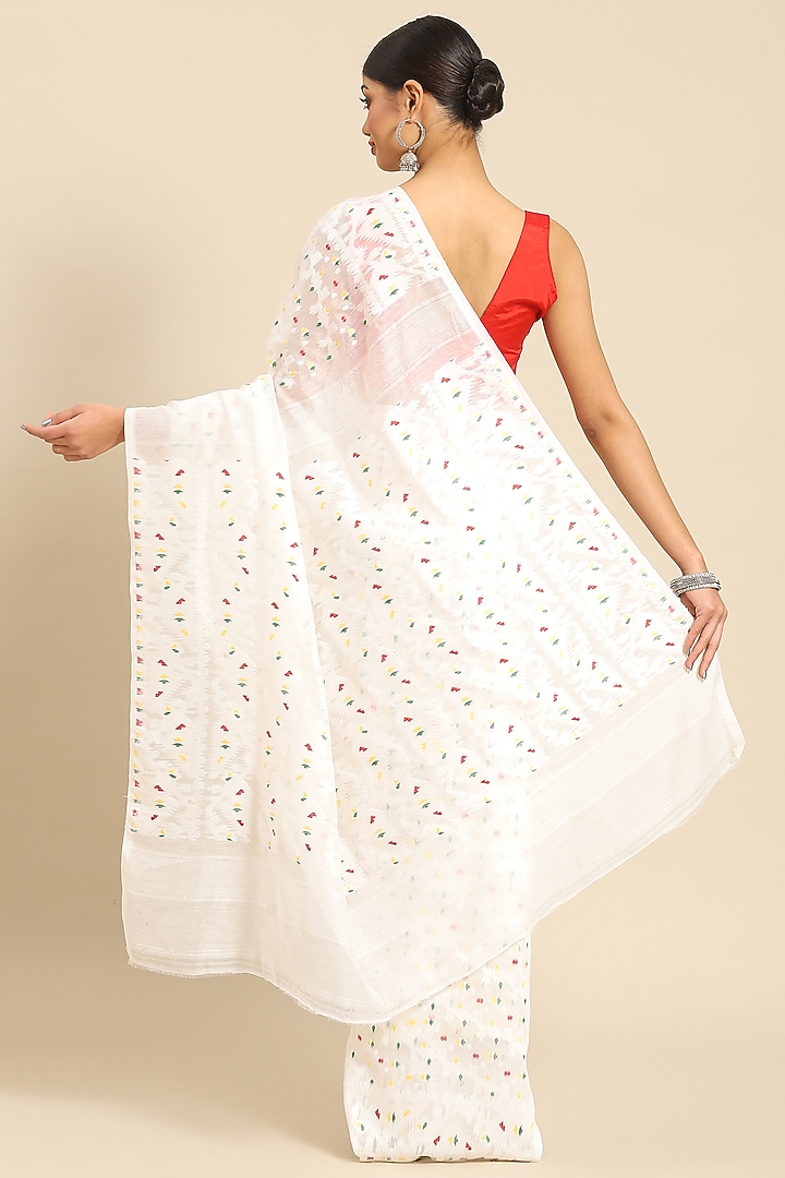White Silk Cotton Jamdani Handloom Festive Saree by Aditri at Pernia's Pop Up Shop