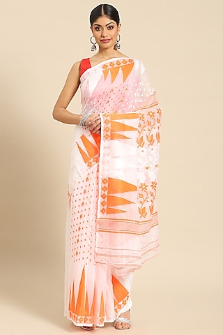 White Silk Cotton Jamdani Handloom Saree by Aditri