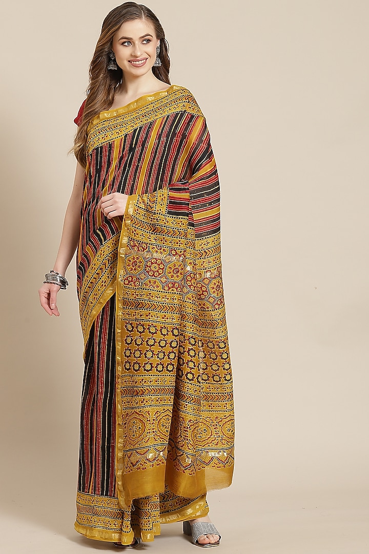Mustard Ajrakh Printed Saree With Blouse Piece by Aditri