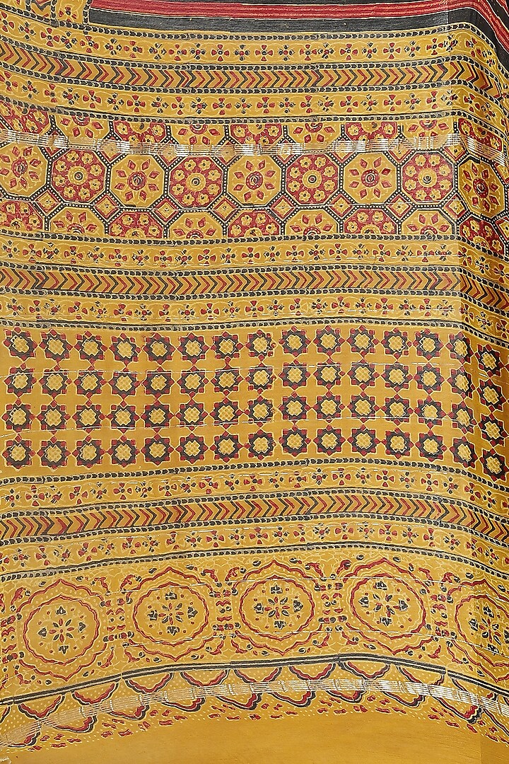 Mustard Ajrakh Printed Festive Saree With Blouse Piece by Aditri at Pernia's Pop Up Shop