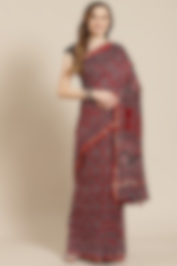 Wine Ajrakh Printed Saree With Blouse Piece by Aditri