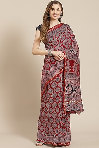 Wine Ajrakh Printed Saree With Blouse Piece by Aditri
