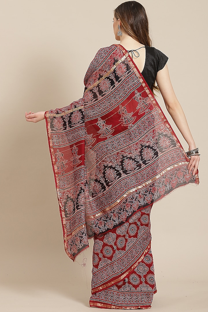 Wine Ajrakh Printed Festive Saree With Blouse Piece by Aditri at Pernia's Pop Up Shop