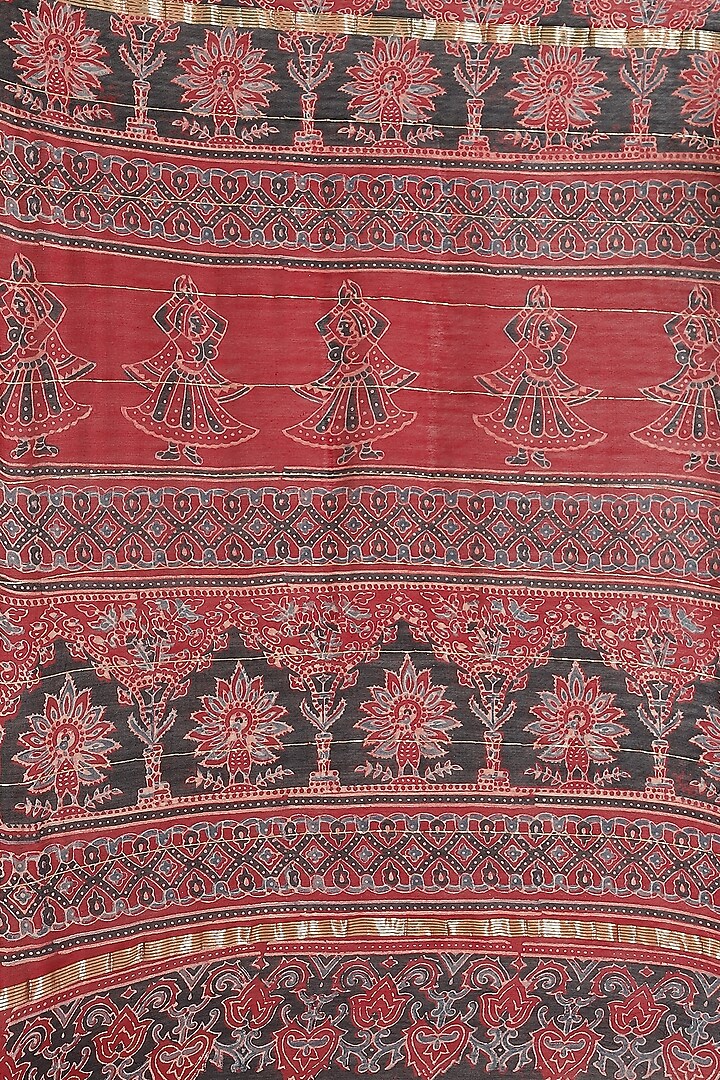 Wine Ajrakh Printed Festive Saree With Blouse Piece by Aditri at Pernia's Pop Up Shop
