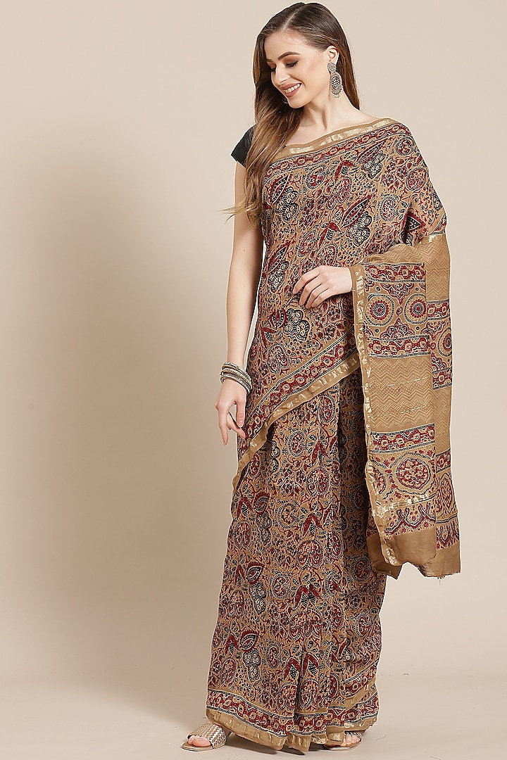 Brown Chanderi Silk Ajrakh Block Printed Saree by Aditri