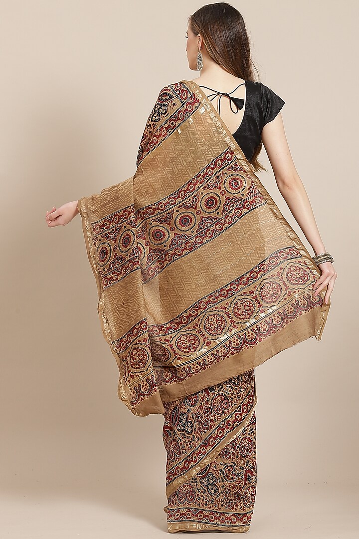 Brown Chanderi Silk Ajrakh Block Printed Festive Saree by Aditri at Pernia's Pop Up Shop