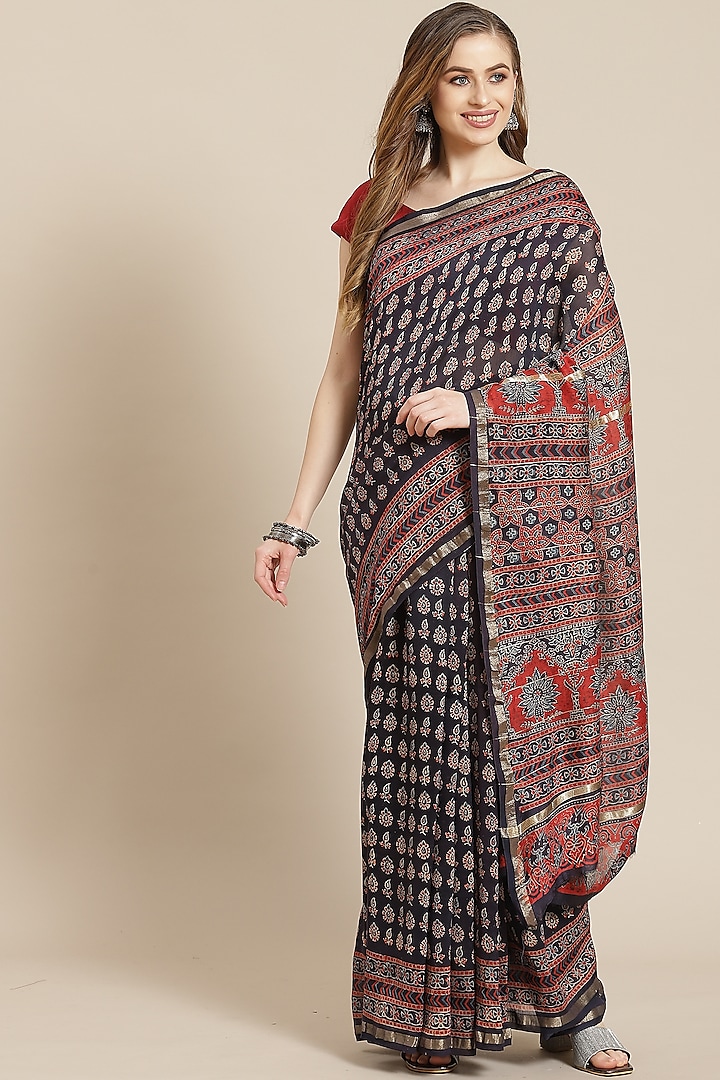 Multi-Colored Ajrakh Printed Saree With Blouse Piece by Aditri