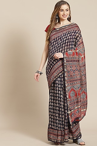 Multi-Colored Ajrakh Printed Saree With Blouse Piece by Aditri