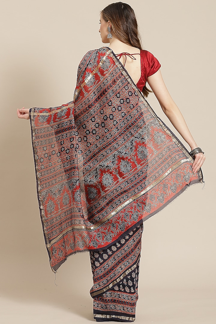 Multi-Colored Ajrakh Printed Festive Saree With Blouse Piece by Aditri at Pernia's Pop Up Shop