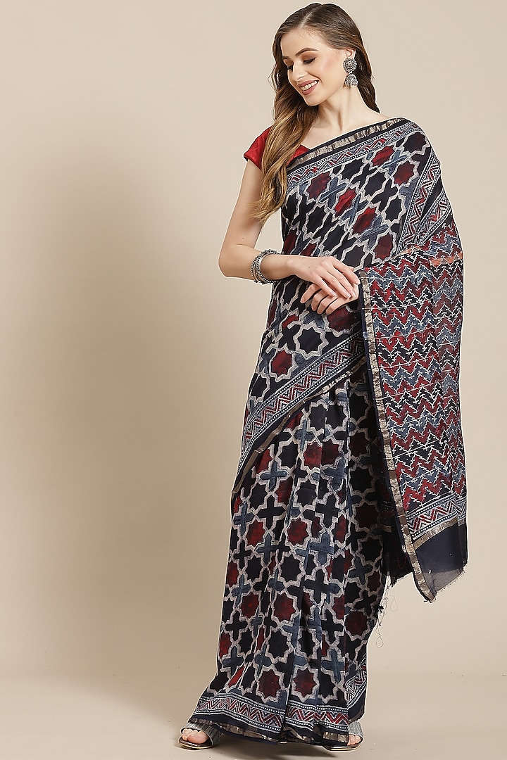 Multi-Colored Ajrakh Block Printed Saree With Blouse Piece by Aditri