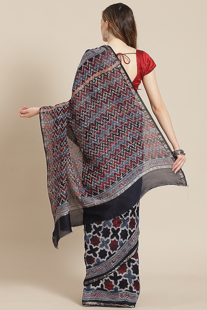 Multi-Colored Ajrakh Block Printed Festive Saree With Blouse Piece by Aditri at Pernia's Pop Up Shop