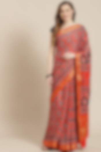 Red Ajrakh Printed Saree With Blouse Piece by Aditri at Pernia's Pop Up Shop