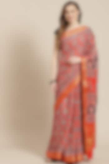 Red Ajrakh Printed Saree With Blouse Piece by Aditri