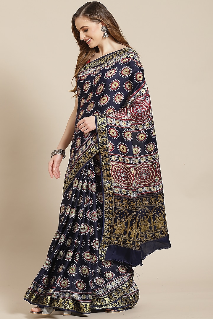 Blue Ajrakh Block Printed Saree With Blouse Piece by Aditri