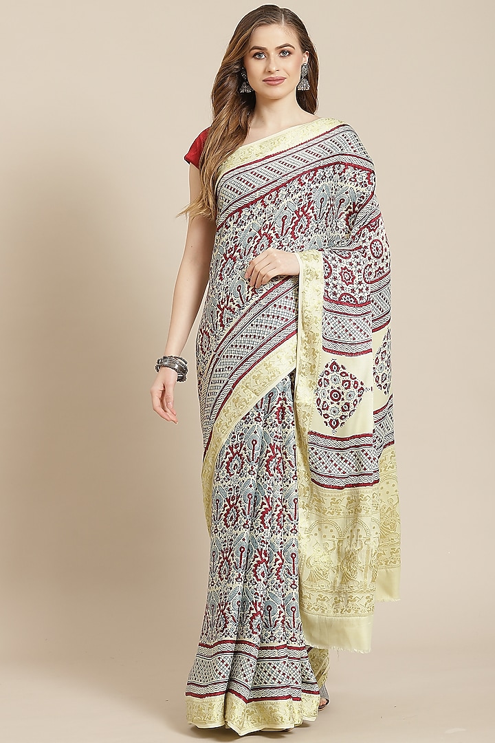 Multi-Colored Ajrakh Block Printed Saree With Blouse Piece by Aditri