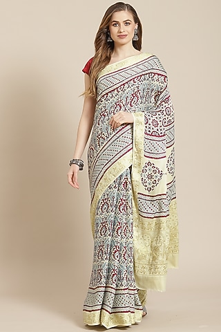 Multi-Colored Ajrakh Block Printed Saree With Blouse Piece by Aditri
