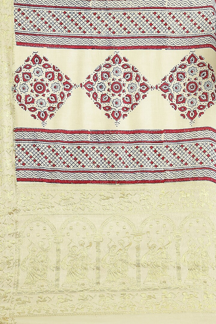 Multi-Colored Ajrakh Block Printed Festive Saree With Blouse Piece by Aditri at Pernia's Pop Up Shop