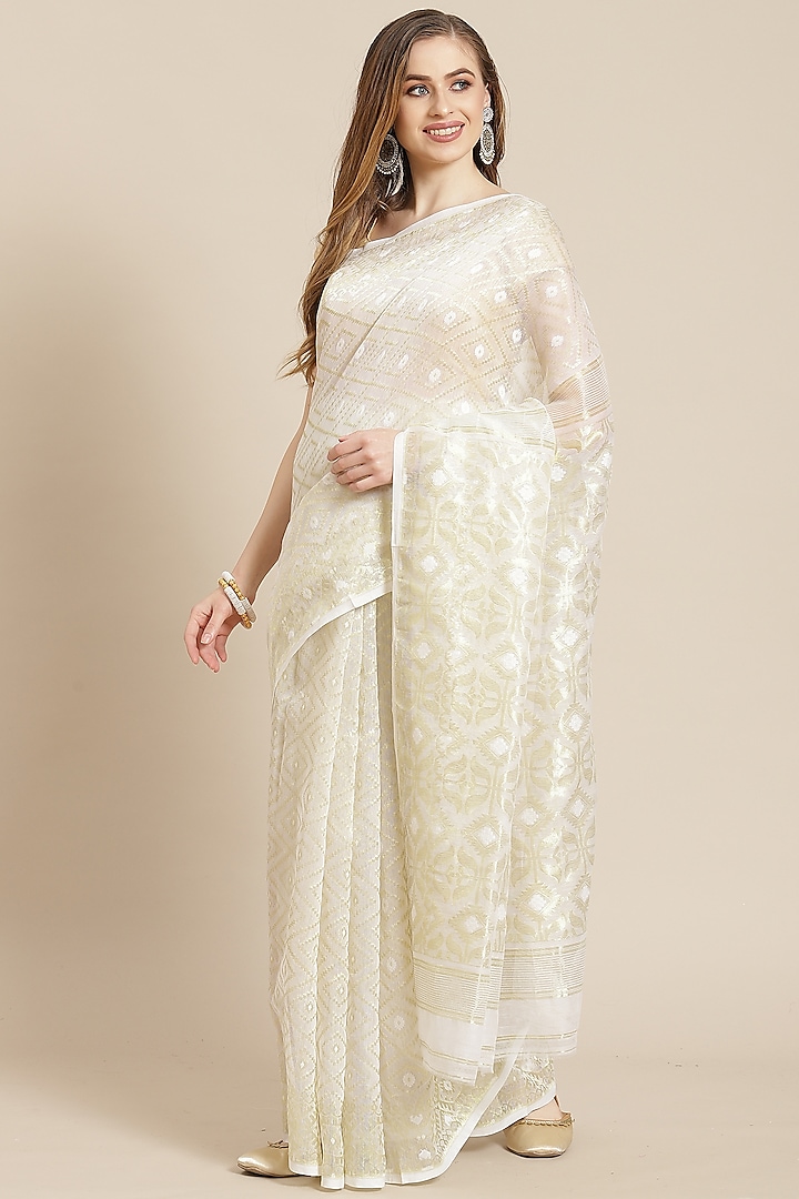 White Floral Saree With Blouse Piece by Aditri