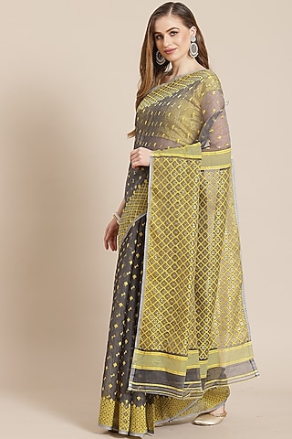 Olive Resham Silk Jamdani Handwoven Floral Saree by Aditri