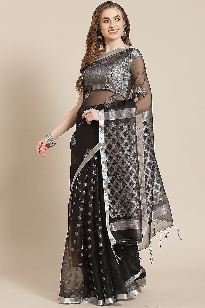 Black Floral Saree With Blouse Piece by Aditri