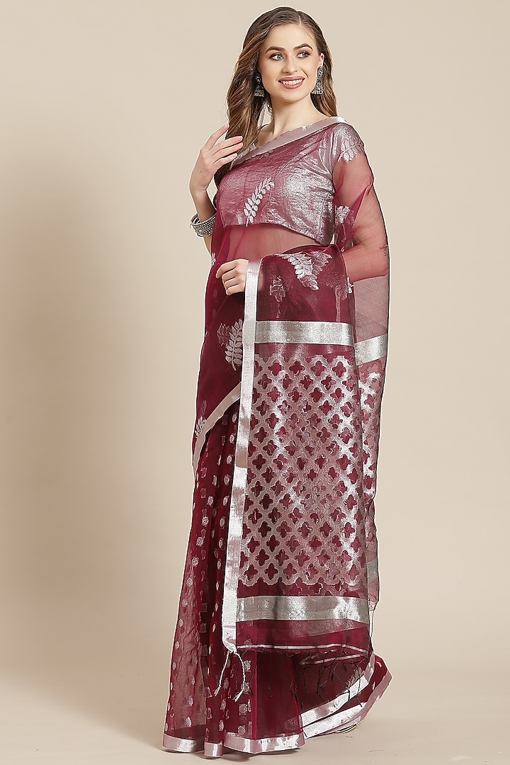 Wine Floral Saree With Blouse Piece by Aditri