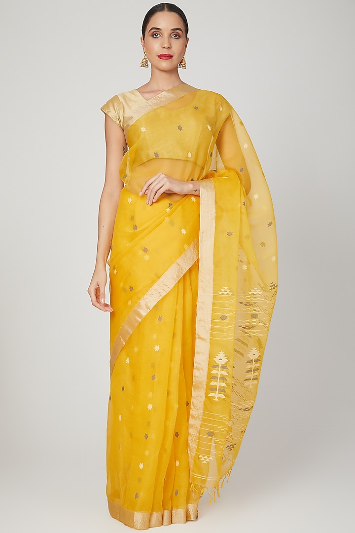 Gold Jamdani Party Wear Saree Set by Aditri at Pernia's Pop Up Shop
