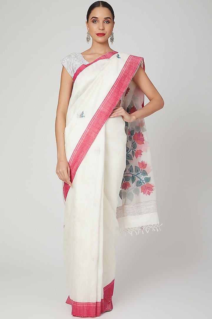 White Party Wear Saree Set With Jamdani Floral Motifs by Aditri at Pernia's Pop Up Shop