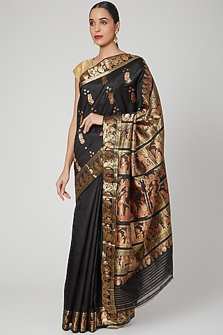 Black Bishnupur Silk Baluchari Meenakari Saree Set by Aditri