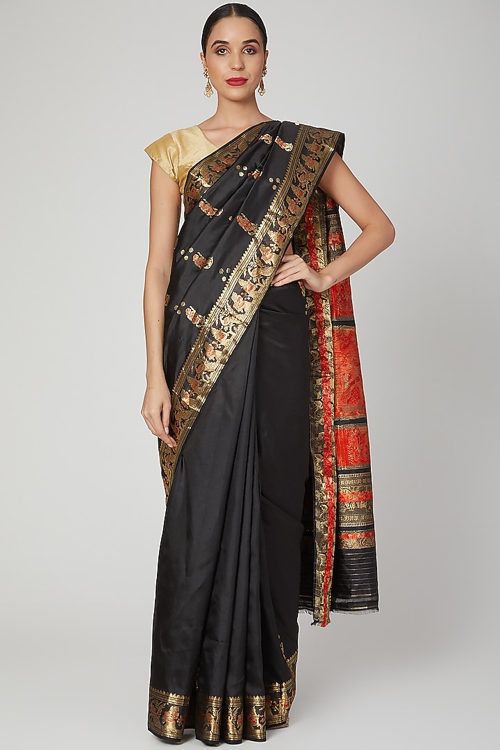 Black Bishnupur Silk Baluchari Meenakari Party Wear Saree Set by Aditri at Pernia's Pop Up Shop
