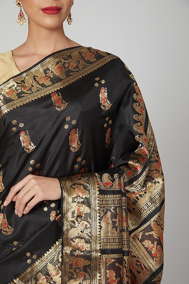 Black Bishnupur Silk Baluchari Meenakari Party Wear Saree Set by Aditri at Pernia's Pop Up Shop